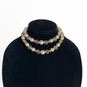 Vintage Marvella 1950's Double-Strand Faux Pearl Crystal Bead Necklace Bow Clasp